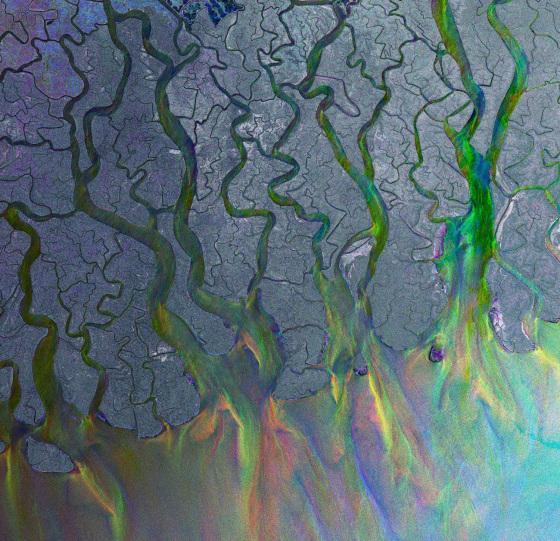False-color radar imagery shows the Ganges Delta in Bangladesh, as seen by the European Space Agency's Envisat satellite in 2009. Standard radar images do not detect color. In this case, readings from three different satellite passes were analyzed, and the different colors reflect the surface variations that occurred between those passes.