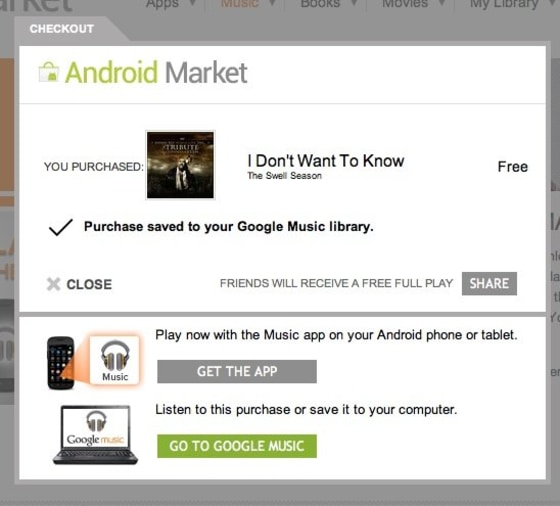 The checkout screen of Google Music, once you've added a song