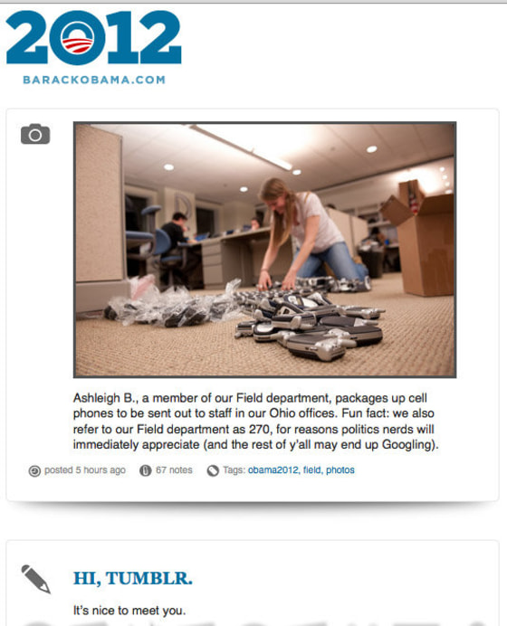 The Obama campaign's first photo shared on Tumblr is of a campaign worker packaging up cell phones to be sent to staff.