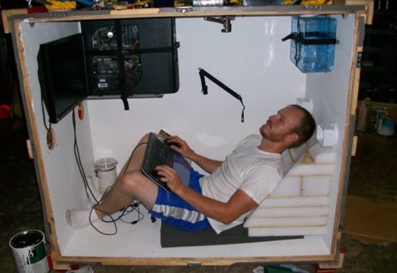 Peformance artist and gamer Jordan Wayne Long gets ready to spend seven days in a shipping crate with