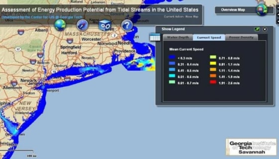 A map generated by Georgia Tech's tidal energy resource database shows mean current speed of tidal streams.