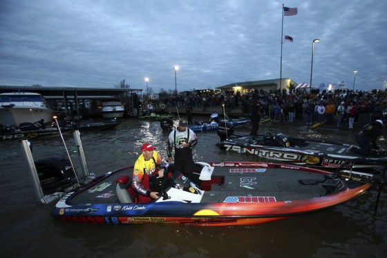 Kevin Combs, of Huntington, Texas, prepares for the start of the Bassmaster Classic fishing tournament, Friday, Feb. 24, 2012, at the Red River South Marina and Resort in Bossier City, La. (AP Photo/Mike Silva)