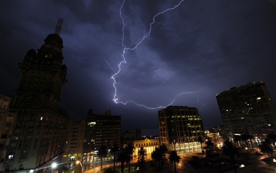 A lightning bolt flashes over Independence Square in Montevideo, as a storm passes over the Uruguayan capital late on February 27, 2012. AFP PHOTO/MARIANA SUAREZ (Photo credit should read MARIANA SUAREZ/AFP/Getty Images)