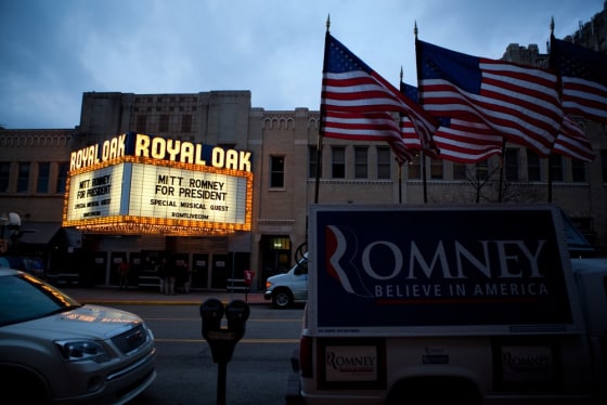 Monday, February 27, 2012, in Royal Oak, MI (John Makely / msnbc.com) The marquis sign of the Royal Oak theater in Royal Oak, Michigan announces the invitation onlyrally for Mitt Romney on the eve of the Republican primary election in his home state of Michigan.