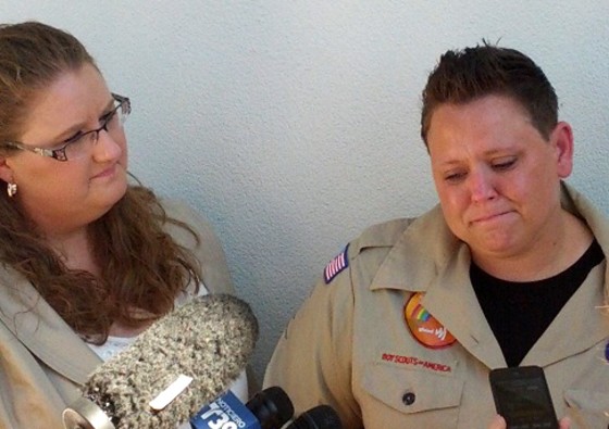 Jennifer Tyrrell, right, addresses the media with her partner, Alicia, after delivering a petition to the Boy Scouts of America in Dallas, Tex., on Wednesday in which she calls for an end to the private group's policy banning gay Scouts and leaders.