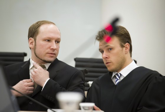 Anders Behring Breivik, left, sits next to his lawyer Tord Jordet during his trial in a courtroom in Oslo on Tuesday.