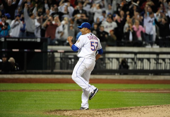 New York Mets starting pitcher Johan Santana celebrates his no-hitter against the St. Louis Cardinals on Friday night.