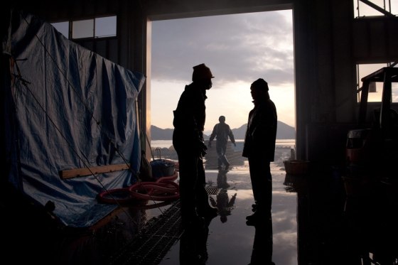 epa03129144 (03/20) Masashi Shirano (R), chief of aqua farming at the Fishery Cooperative Association of Yamada town, talks with a colleague in a warehouse about the details of cooperative work after shelling harvested oyster off tsunami-devastated fishing port town of Yamada, Iwate Prefecture, northern Japan,15 February 2012. As a result of the tsunami on 11 March 2011, 770 of about 17,000 residents were either killed or recorded missing. Aqua farming which is the main industry in the town was devastated by the tsunami. Many aqua farmers lost their houses, fishing vessels, farming rafts and fishery workshops. The remaining oyster farmers decided to work together, pool resources and rebuild their business as a cooperative. EPA/KIMIMASA MAYAMA PLEASE SEE ADVISORY (epa03129141) FOR FULL FEATURE TEXT