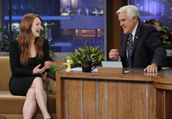 THE TONIGHT SHOW WITH JAY LENO -- Episode 4210 -- Pictured: (l-r) Julianne Moore, Jay Leno on March 1, 2012 -- (Photo by: Paul Drinkwater/NBC)
