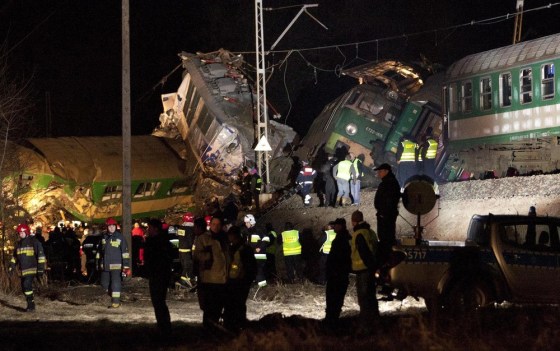 Rescuers work at the site of the train collision in Szczekociny, southern Poland Sudnay, March 3, 2012. Two trains collided head-on in southern Poland late Saturday, killing several people and injuring around 50 in what appears to be one of the worst rail disasters in the country in recent years, officials said. (AP Photo/Michal Legierski ) POLAND OUT