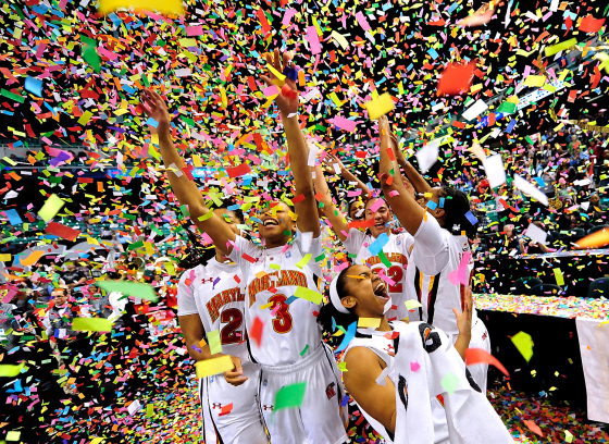 GREENSBORO, NC - MARCH 04: Maryland Terrapins players celebrate after defeating the Georgia Tech Yellow Jackets in the ACC Women's Basketball Tournament championship game at Greensboro Coliseum on March 4, 2012 in Greensboro, North Carolina. Maryland won 68-65 to capture the title. (Photo by Grant Halverson/Getty Images) *** BESTPIX ***