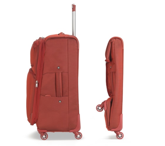 The Biaggi 20-inch carry-on compresses to roughly one-half its traveling size.