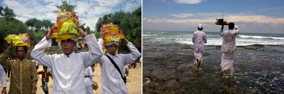 Hindu worshippers carry offerings on their heads during the ritual of Melasti on a beach in Gunung Kidul, Yogyakarta, Indonesia, Wednesday, March 7, 2012. The ritual which is performed ahead of the Balinese Hindu's Day of Silence, is held to purify the universe from bad influences, bad deeds and bad thoughts. (AP Photo/Gembong Nusantara)