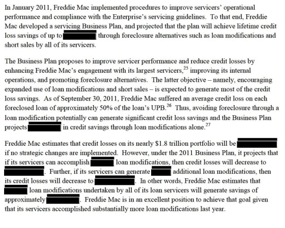 Several pages of a government report on Freddie Mac and Fannie Mae were heavily blacked-out.
