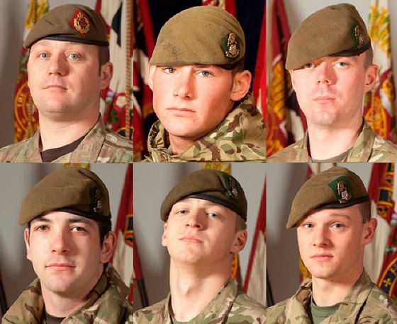 ----EDITORS NOTE----RESTRICTED TO EDITORIAL USE----MANDATORY CREDIT *AFP PHOTO/IAIN HAMER/BRITISH MINISTRY OF DEFENCE*-----NO MARKETING----NO ADVERTISING CAMPAIGNS----DISTRIBUTED AS A SERVICE TO CLIENTS A handout picture released in London by the British Ministry of Defence on March 8, 2012, shows a combination of pictures of six British service personnel killed in Afghanistan after their armoured vehicle was struck by an explosion on Tuesday March 6, 2012. They are (Top Row L-R) Sergeant Nigel Coupe, Corporal Jake Hartley and Private Anthony Frampton (Bottom Row L-R) Private Christopher Kershaw, Private Daniel Wade and Private Daniel Wilford. The ministry said an explosion had hit the soldiers' Warrior armoured vehicle on Tuesday while they were on patrol in Helmand, the restive southern province where most British troops are based. AFP PHOTO/IAIN HAMER/BRITISH MINISTRY OF DEFENCE/HANDOUT (Photo credit should read IAIN HAMER/AFP/Getty Images)