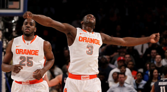 NEW YORK, NY - MARCH 08: Dion Waiters #3 of the Syracuse Orange reacts after a dunk against the Connecticut Huskies as Rakeem Christmas looks on during the quarterfinals of the Big East Men's Basketball Tournament at Madison Square Garden on March 8, 2012 in New York City. (Photo by Jim McIsaac/Getty Images)