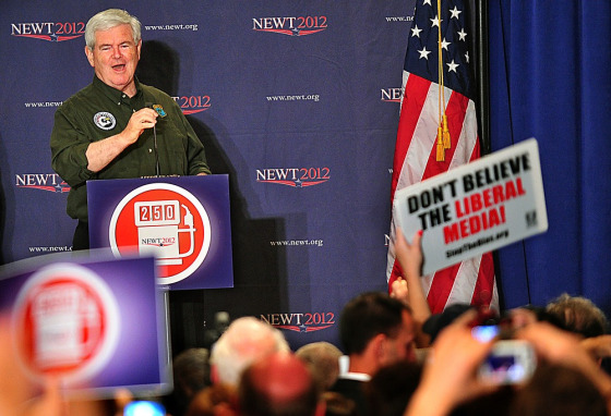 Republican presidential candidate Newt Gingrich speaks during a campaign rally at the Wiregrass Museum of Art in Dothan, Ala., on Saturday, March 10, 2012. (AP Photo/The Dothan Eagle, Jay Hare) MAGS OUT