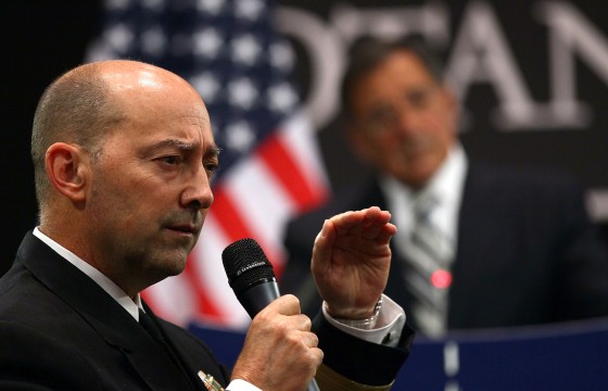 BRUSSELS, BELGIUM - OCTOBER 06: U.S. Secretary of Defense Leon Panetta (R) listens as U.S. Admiral James Stavridis (L) answers a question during a press conference at NATO headquarters on October 6, 2011 in Brussels, Belgium. Panetta is scheduled to spend the day at NATO before traveling to Naples, Italy later in the evening. Also pictured is German Lt. Gen. Jurgen Bornemann (C). (Photo by Win McNamee/Getty Images)