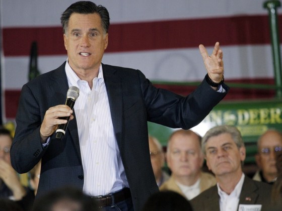 In this March 9, 2012 photograph, Republican presidential candidate, former Massachusetts Gov. Mitt Romney speaks at the Mississippi Farmers Market as Gov. Phil Bryant, right, listens in Jackson, Miss. Romney, endorsed by the state's top elected Republican officers, seeks to capture the state's primary election on Tuesday, March 13. (AP Photo/Rogelio V. Solis)