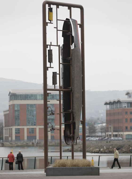 In this photo of Tuesday March 13, 2012, a model-like sculpture of the Titanic on display at the new 100 million British pounds ($157 million)Titanic Belfast Visitor's Center. Celebrating the Titanic ship and the people who built her in the Titanic Belfast, with its four prow-like wings jutting jauntily skyward beside the River Lagan on the site of the old Harland and Wolff shipyard. Titanic, then the world's largest, most luxurious ocean liner, left this spot on April 2, 1912 on its maiden voyage from England to New York, and twelve days later, it stuck an iceberg off the coast of Newfoundland and sank in the early hours of April 15, and more than 1,500 of the 2,200 people on board died. (AP Photo/Peter Morrison)