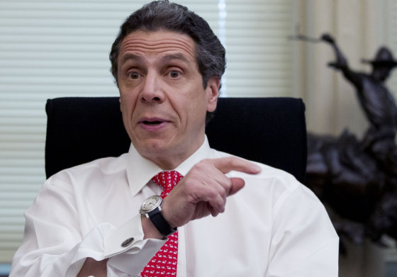 New York Gov. Andrew Cuomo talks to reporters during a news conference at the Capitol in Albany, N.Y., on Thursday, March 15, 2012. (AP Photo/Mike Groll)