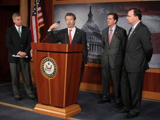 WASHINGTON, DC - MARCH 15: (L-R), Sen. Lindsey Graham (R-SC), Sen. Rand Paul (R-KY), and Sen. Jim DeMint (R-SC), Sen. Mike Lee (R-UT) participate in a news conference on Medicare reform on Capitol Hill March 15, 2012 in Washington, DC. Sen. Paul unveiled a Medicare reform plan that would allow seniors to join their Member of Congress's health plan. (Photo by Mark Wilson/Getty Images)