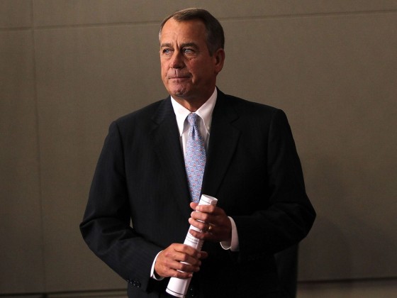 House Speaker John Boehner arrives for a news briefing on the GOP's budget proposal March 29 on Capitol Hill.