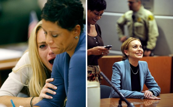 BEFORE: Actress Lindsay Lohan reacts beside her attorney Shawn Chapman Holley as Judge Marsha Revel rules that Lohan had violated her probation on a 2007 drunken driving charge in a Beverly Hills courtroom in July 2010. AFTER: On March 29, Holley and Lohan react during a probation progress report hearing when Judge Stephanie Sautner decided to take Lohan off probation for the drunken driving case.