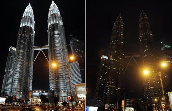 Seen here before and during Earth Hour last year, the Patronas Twin Towers in Kuala Lumpur, Malaysia, are among the hundreds of buildings around the world that go lights out for the annual event.