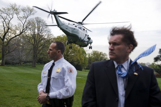 US President Barack Obama, under the watchful eye of the Secret Service, departs the aboard Marine One from the South Lawn of the White House in Washington, DC, on March 30. President Obama will spend the day campaigning in Vermont and Maine.