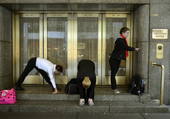 Aspiring dancers prepare to audition at Radio City Music Hall.