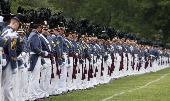 CHARLESTON, SC - MAY 04: Graduating Citadel seniors stand to watch underclassman parade past during the Long Grey Line ceremony on May 4, 2012 in Charleston, South Carolina. The Citadel has performed the military parade to mark graduation since 1842. (Photo by Richard Ellis/Getty Images)