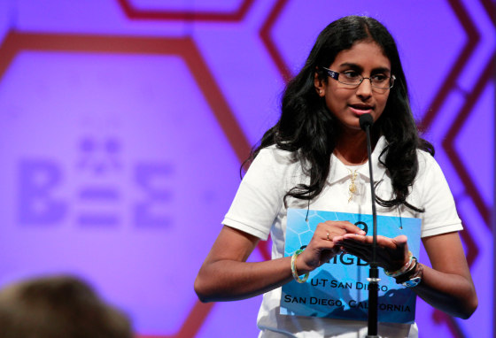 Snigdha Nandipati, 14, of San Diego, Calif., spells a word during the finals of the National Spelling Bee Thursday.