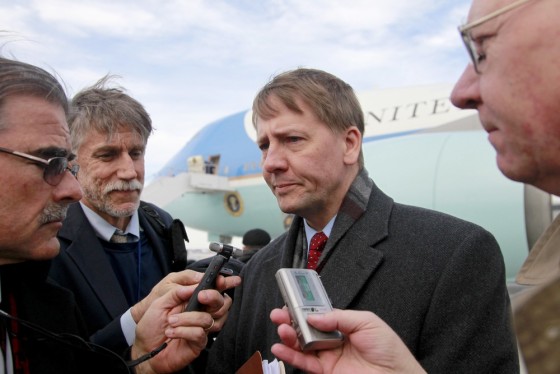 Richard Cordray talks with reporters after stepping off Air Force One at Cleveland Hopkins Airport in Cleveland, Ohio, Wednesday, Jan. 4, 2012. In a defiant display of executive power, President Barack Obama on Wednesday will buck GOP opposition and name Cordray as the nation's chief consumer watchdog. Outraged Republican leaders in Congress suggested that courts would determine the appointment was illegal. (AP Photo/Haraz N. Ghanbari)