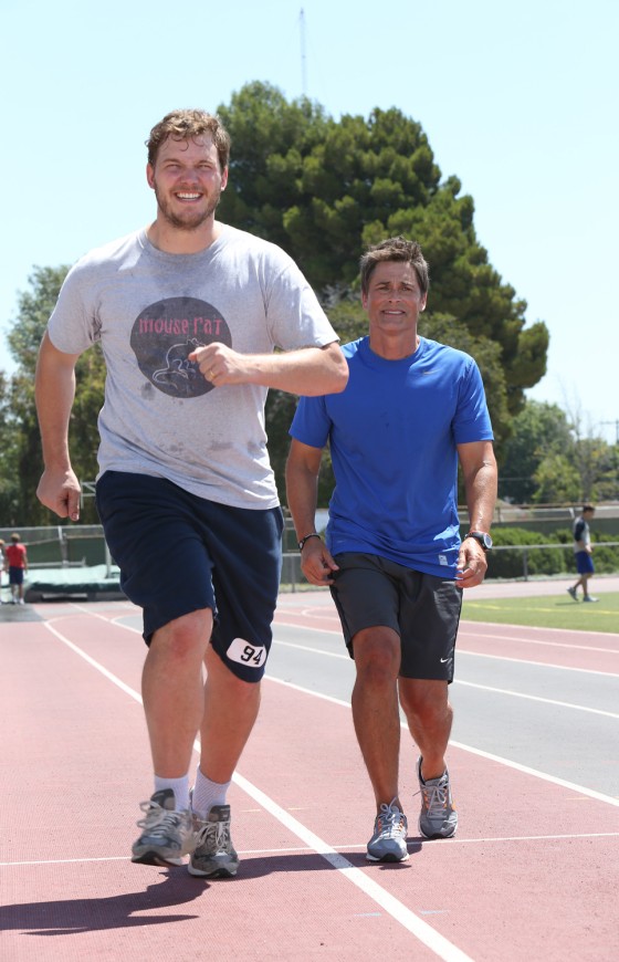 PARKS AND RECREATION -- "Soda Tax" Episode 502 -- Pictured: (l-r) Chris Pratt as Andy, Rob Lowe as Chris Traeger -- (Photo by: Danny Feld/NBC)