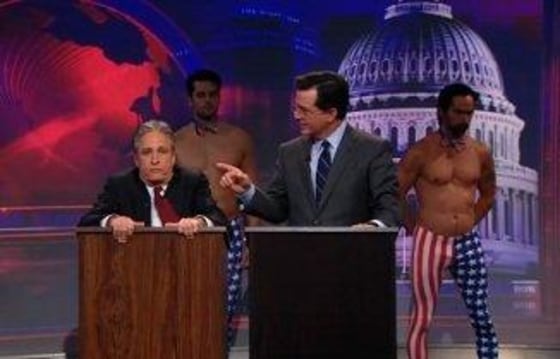 Jon Stewart teams up with network pal Stephen Colbert for intense debate training on