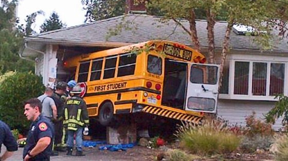 A mini school bus leaving a Catholic elementary school crashed into a house in Syosset, Long Island in New York on Wednesday.