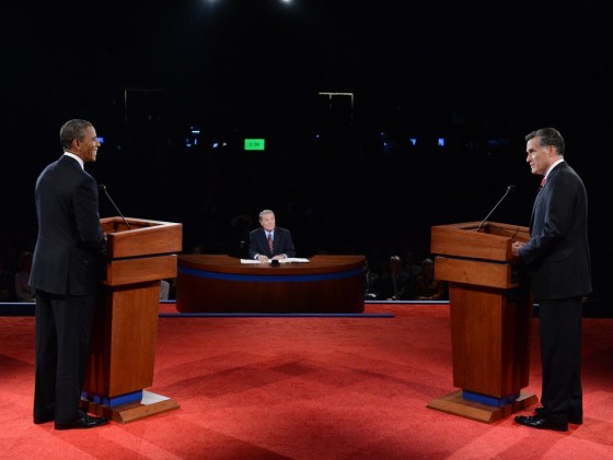 President Barack Obama and Republican challenger Mitt Romney participate in their first debate at the University of Denver in Denver, Colorado, October 3, 2012.