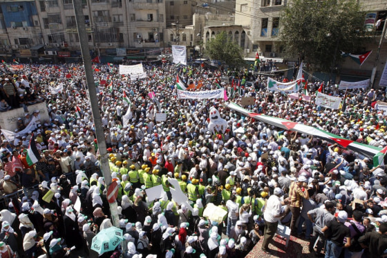 Thousands of people gather for a demonstration in Amman, Jordan, Friday.