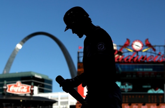 Bryce Harper of the Washington Nationals walks back to the dugout after striking out in the fifth inning against the St Louis Cardinals.