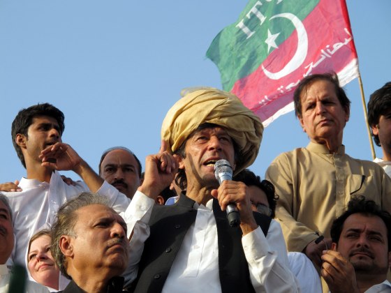 Imran Khan, head of opposition political party Tehrik-e-Insaf, speaks to supporters during a protest march toward the troubled South Waziristan region in Pakistan on Sunday.