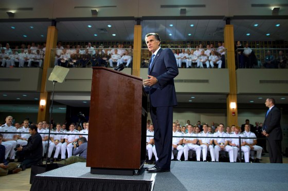 Republican presidential candidate Mitt Romney delivers an address centered upon foreign policy yesterday at the Virginia Military Institute.