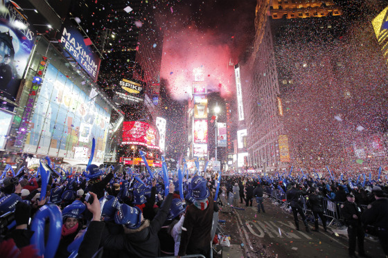 Revelers cheer as confetti falls during New Year celebrations in Times Square in New York January 1, 2011.