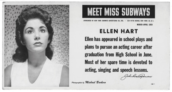 Ellen Hart is featured on a placard that appeared in the New York City subways during March and April of 1959.