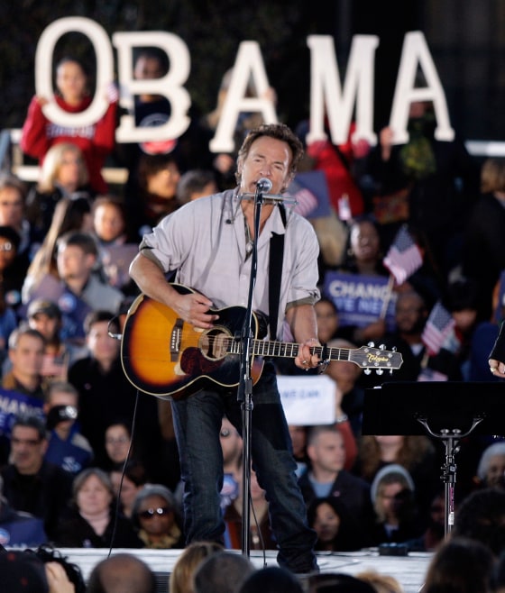 Bruce Springsteen performs at an outdoor campaign rally Nov. 2, 2008, for then-presidential candidate Barack Obama at the Cleveland Mall, in Cleveland, Ohio.