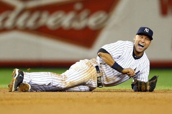 Derek Jeter #2 of the New York Yankees reacts after he injured his leg in the top of the 12th inning against the Detroit Tigers during Game One of the American League Championship Series at Yankee Stadium, Oct. 13 .