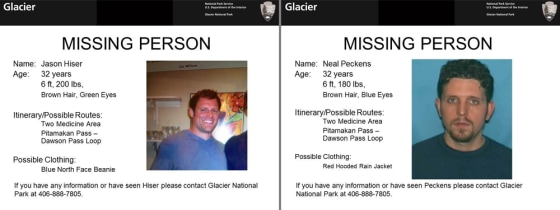 Jason Hiser and Neal Peckens, both 32, went missing in Glacier National Park last week; search crews continue to comb the area.