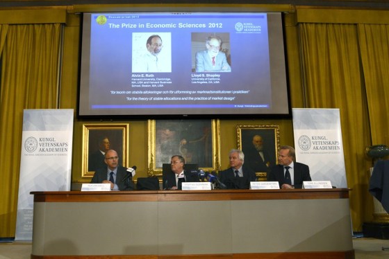 US duo Alvin Roth and Lloyd Shapley win Nobel Economics Prize. Staffan Normark (C), Permanent Secretary of the Royal Swedish Academy of Sciences gives a press conference to announce the winner of the Nobel prize in Economic Sciences on October 15, 2012 in Stockholm.