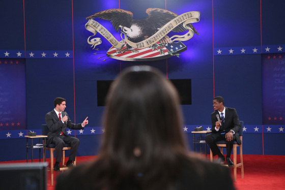 Hofstra University students Josh Ettinger, left, and Tevon Hyman act as stand-ins for Republican presidential candidate Mitt Romney and President Barack Obama during stage rehearsals for the second presidential debate Oct. 15, in Hempstead, N.Y. The debate, a town hall format where the candidates will take questions posed by citizens, will be held Tuesday evening.