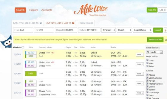 A screenshot of MileWise.com